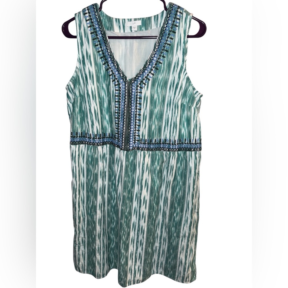 J Jill Summer Dress Medium Cotton Sleeveless Embroidered Boho Green Pockets